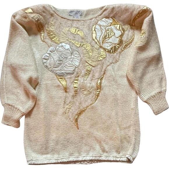 Nannell Vintage Metallic Knit Sweater Floral Gold Applique Ivory Size L - Picture 1 of 6